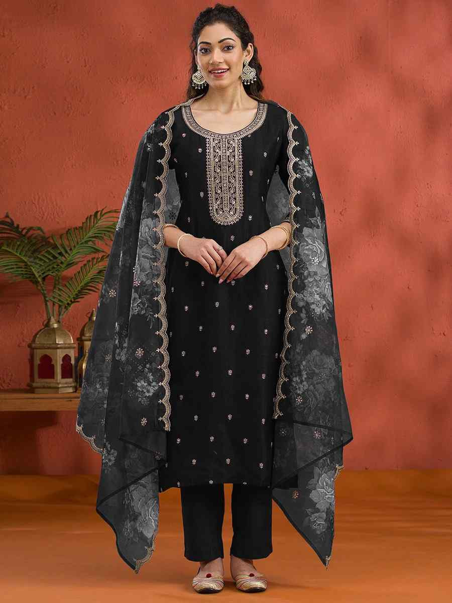 Black Vichitra Silk Embroidered Festival Wedding Pant Salwar Kameez