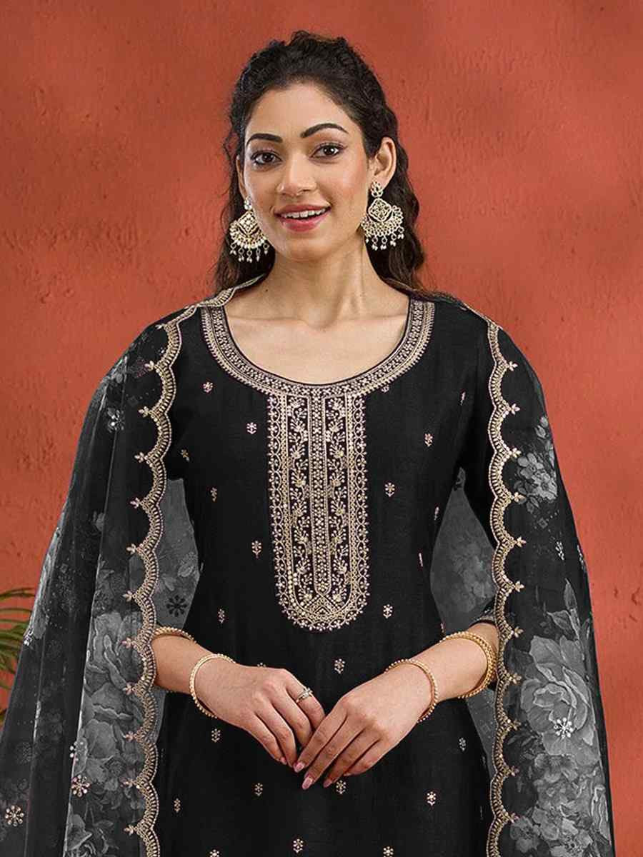 Black Vichitra Silk Embroidered Festival Wedding Pant Salwar Kameez