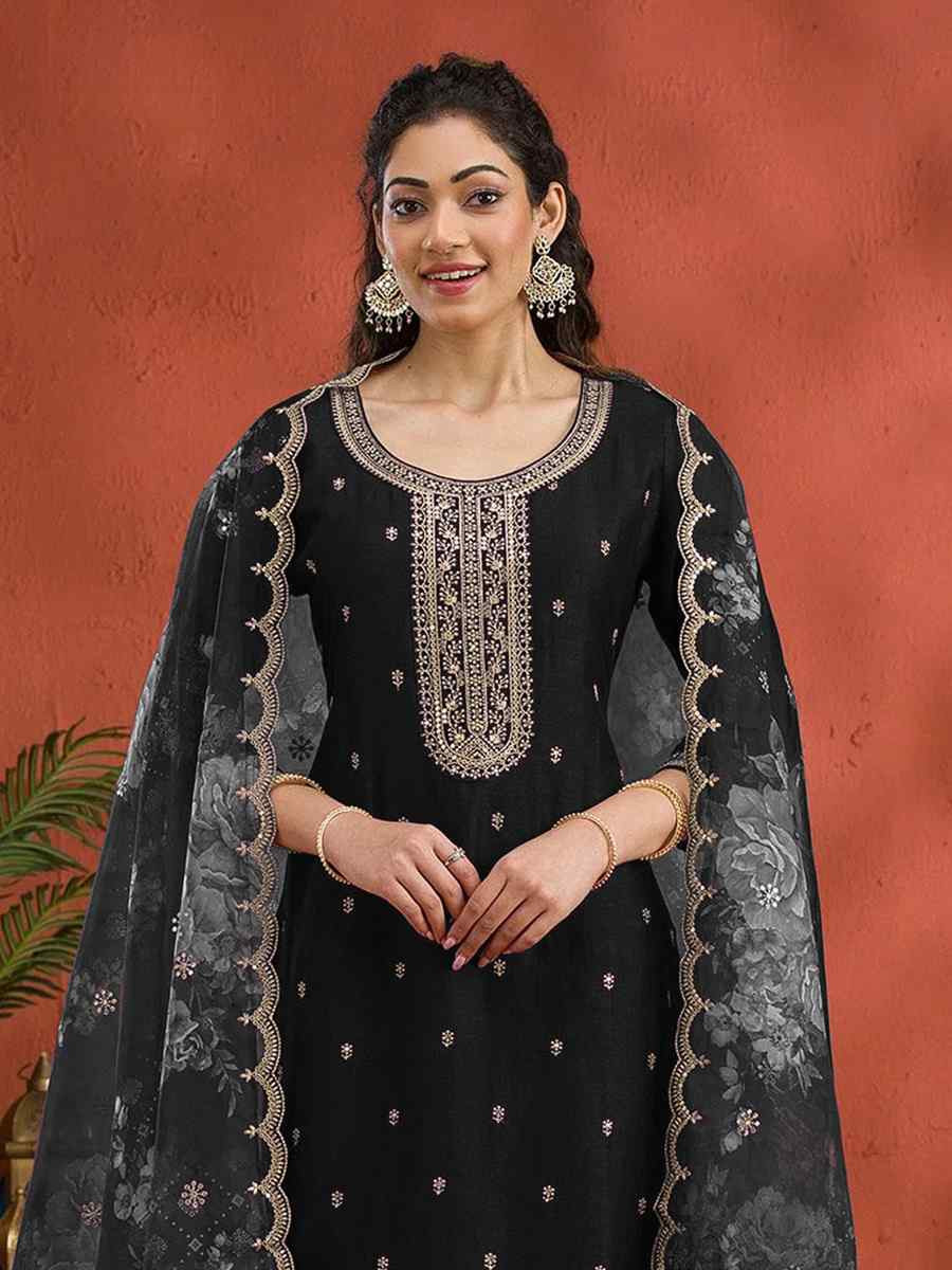 Black Vichitra Silk Embroidered Festival Wedding Pant Salwar Kameez