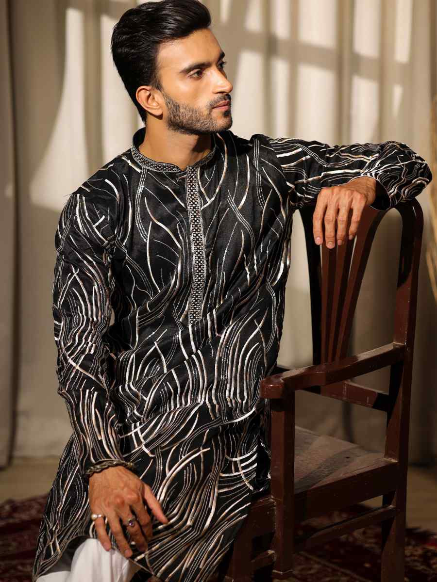 Black Viscose  Embroidered Festival Casual Kurta
