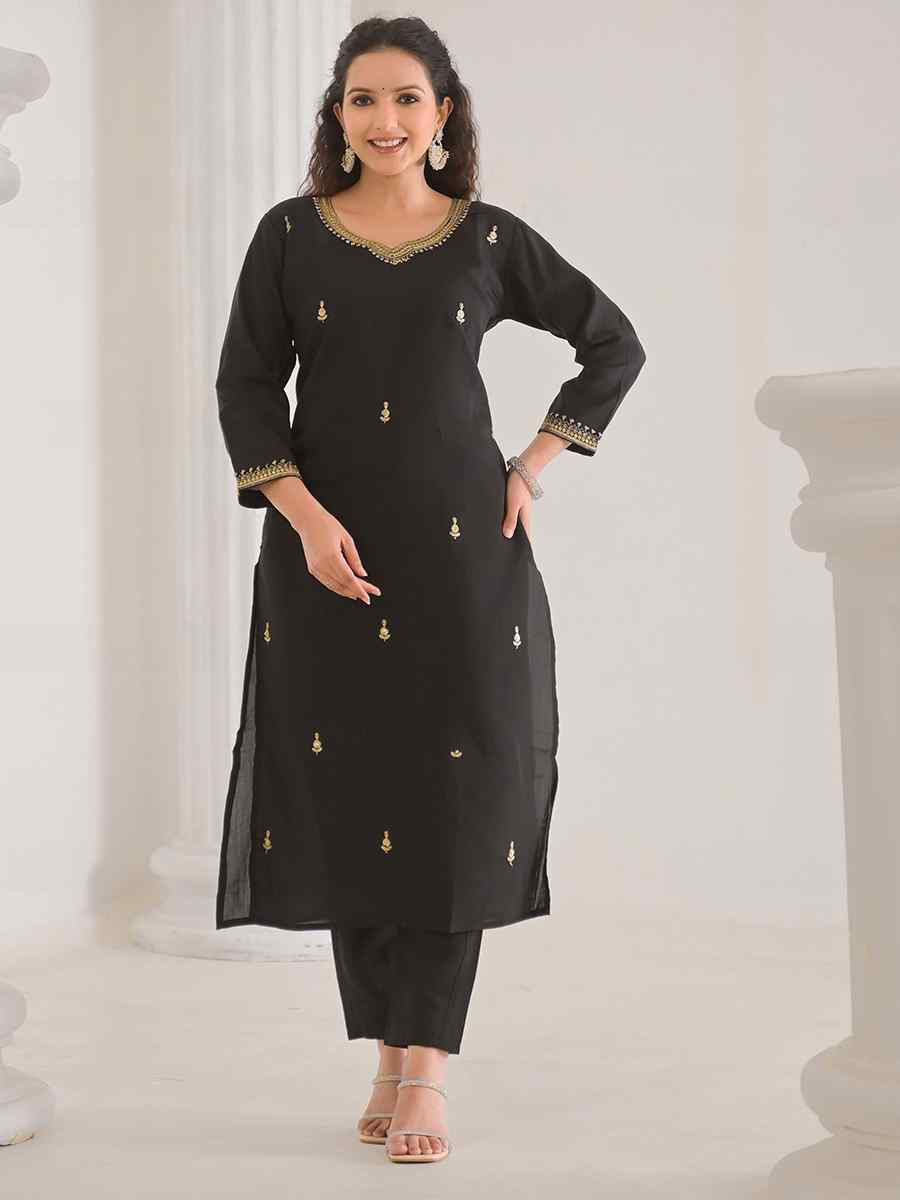 Black Viscose Chanderi Embroidered Festival Casual Ready Pant Salwar Kameez