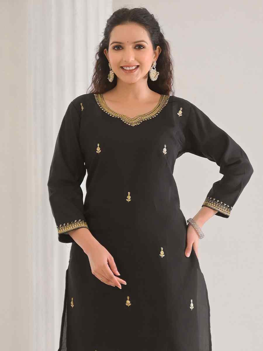 Black Viscose Chanderi Embroidered Festival Casual Ready Pant Salwar Kameez