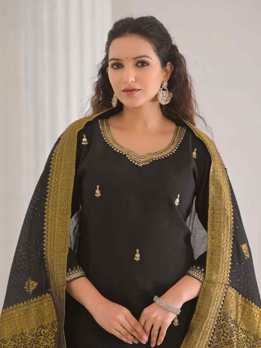 Black Viscose Chanderi Embroidered Festival Casual Ready Pant Salwar Kameez