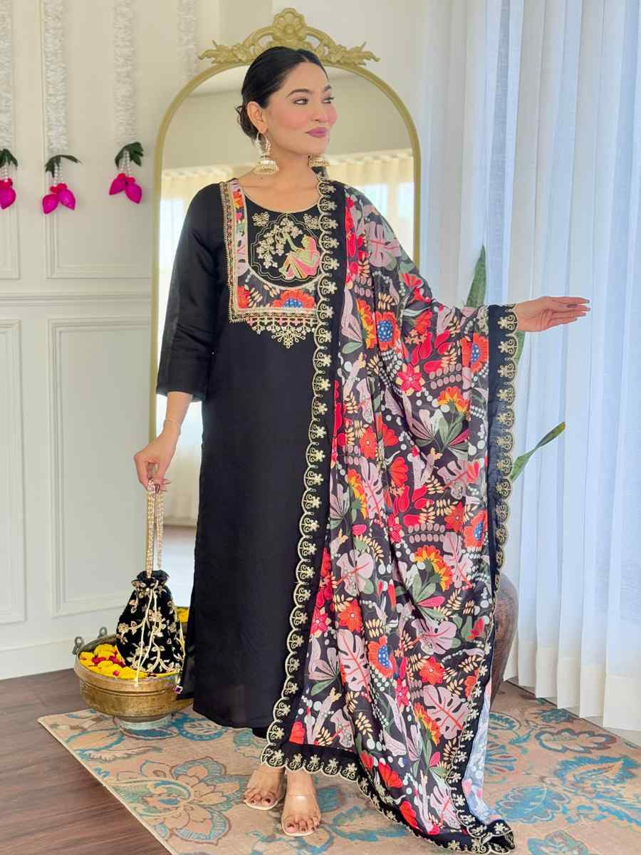Black Viscose Chanderi Embroidery Party Wedding Festival Casual Ready Pant Salwar Kameez