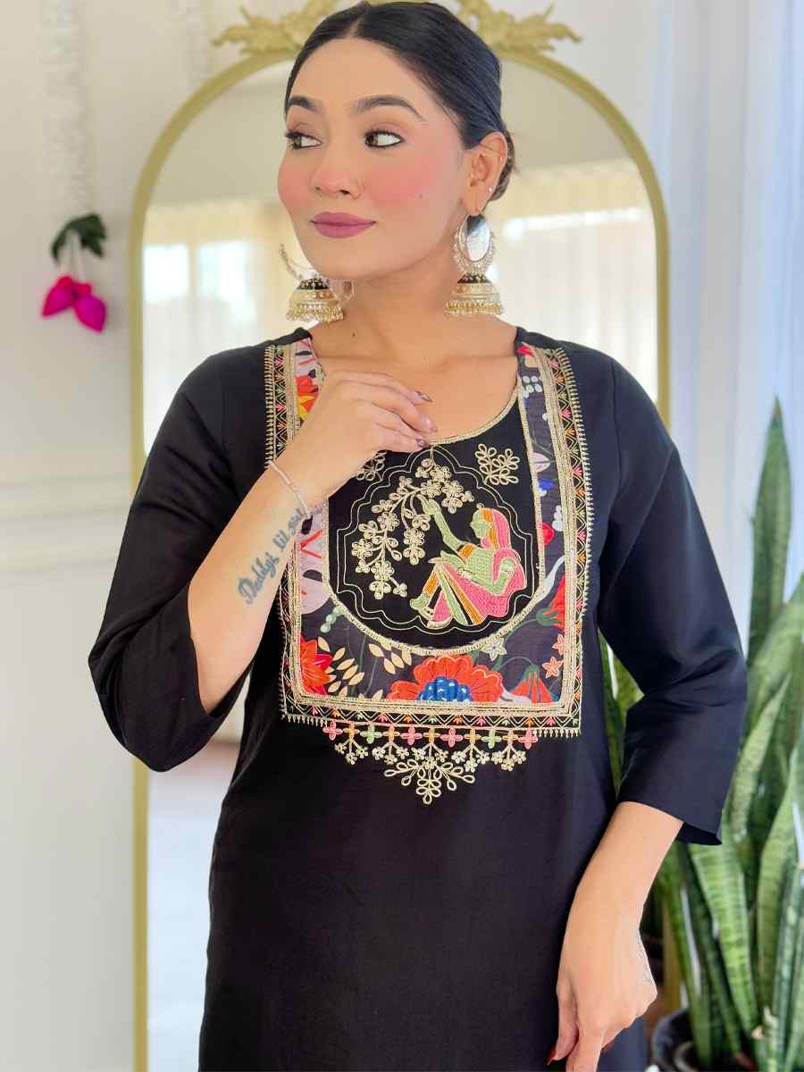 Black Viscose Chanderi Embroidery Party Wedding Festival Casual Ready Pant Salwar Kameez