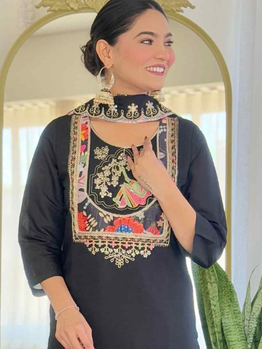 Black Viscose Chanderi Embroidery Party Wedding Festival Casual Ready Pant Salwar Kameez