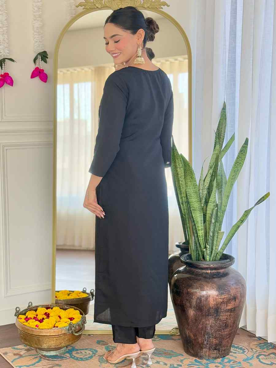 Black Viscose Chanderi Embroidery Party Wedding Festival Casual Ready Pant Salwar Kameez