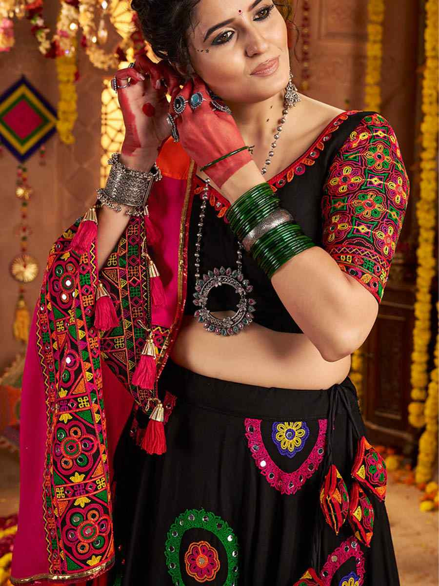 Black Viscose Cotton Embroidered Festival Traditional Lehenga Choli