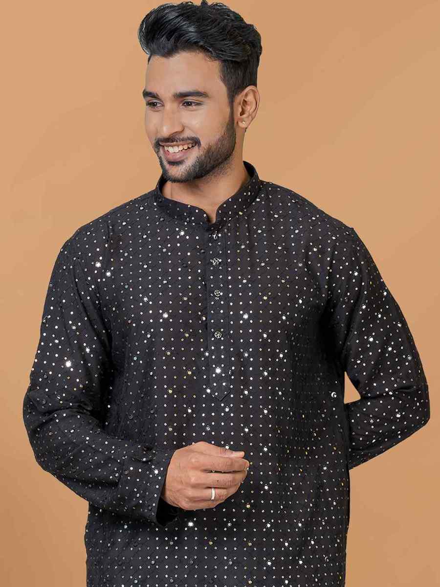 Black Viscose Cotton Embroidered Festival Wedding Kurta