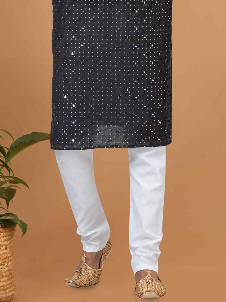 Black Viscose Cotton Embroidered Festival Wedding Kurta