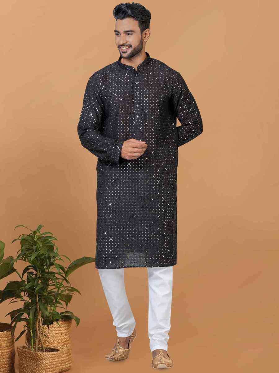 Black Viscose Cotton Embroidered Festival Wedding Kurta