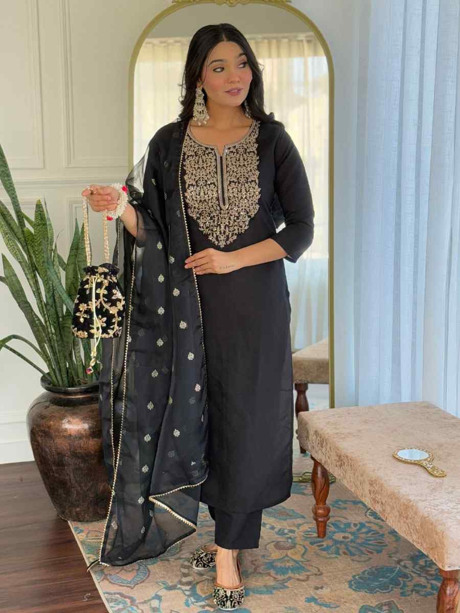 Black Viscose Embroidery Party Wedding Festival Casual Ready Pant Salwar Kameez