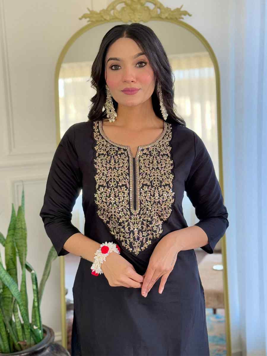 Black Viscose Embroidery Party Wedding Festival Casual Ready Pant Salwar Kameez