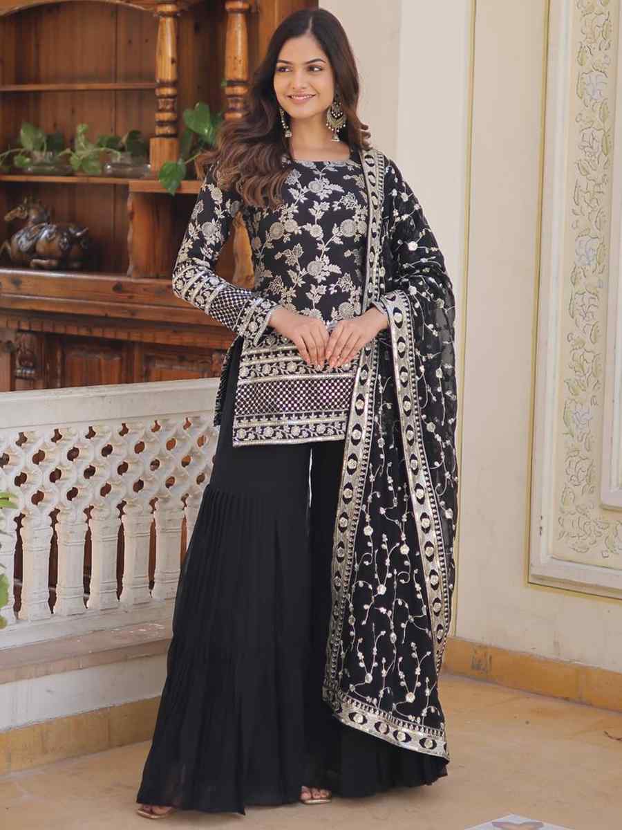 Black Viscose Jacquard Embroidered Festival Mehendi Ready Sharara Pant Salwar Kameez