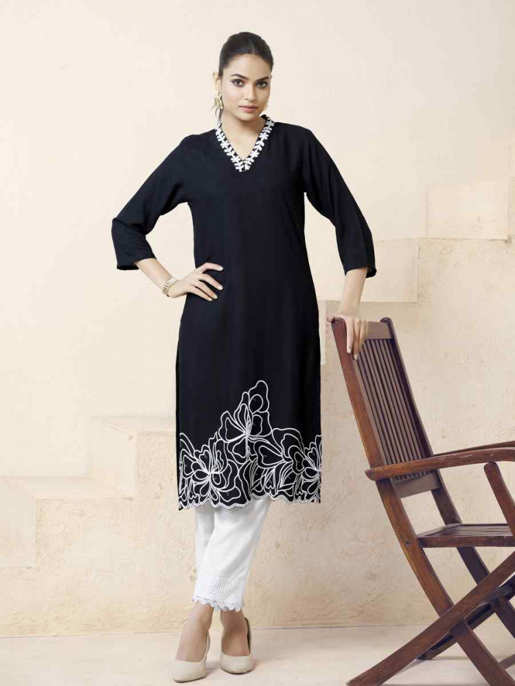 Black Viscose Rayon Embroidered Festival Casual Kurti
