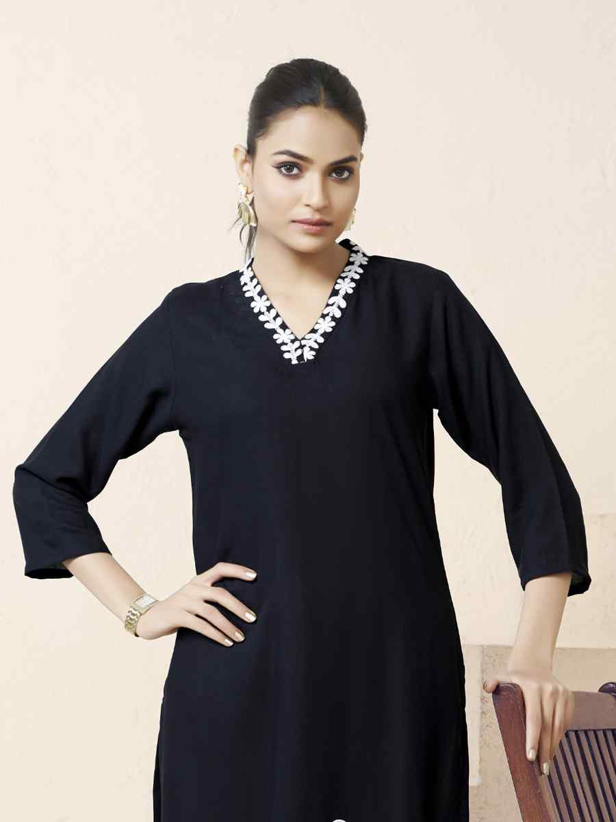 Black Viscose Rayon Embroidered Festival Casual Kurti