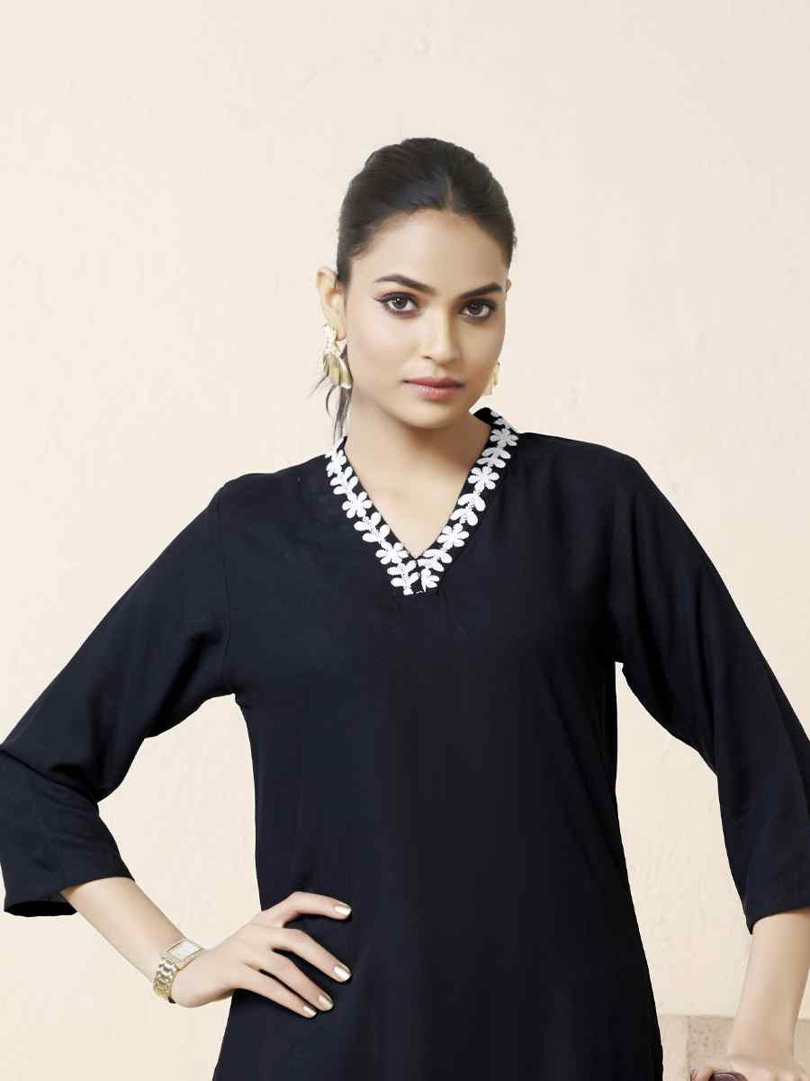 Black Viscose Rayon Embroidered Festival Casual Kurti