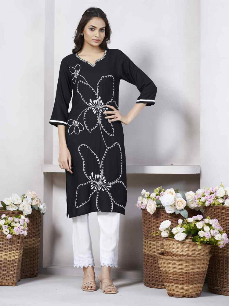 Black Viscose Rayon Embroidered Festival Casual Kurti