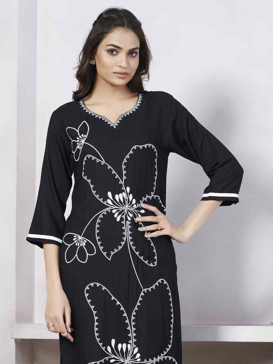 Black Viscose Rayon Embroidered Festival Casual Kurti