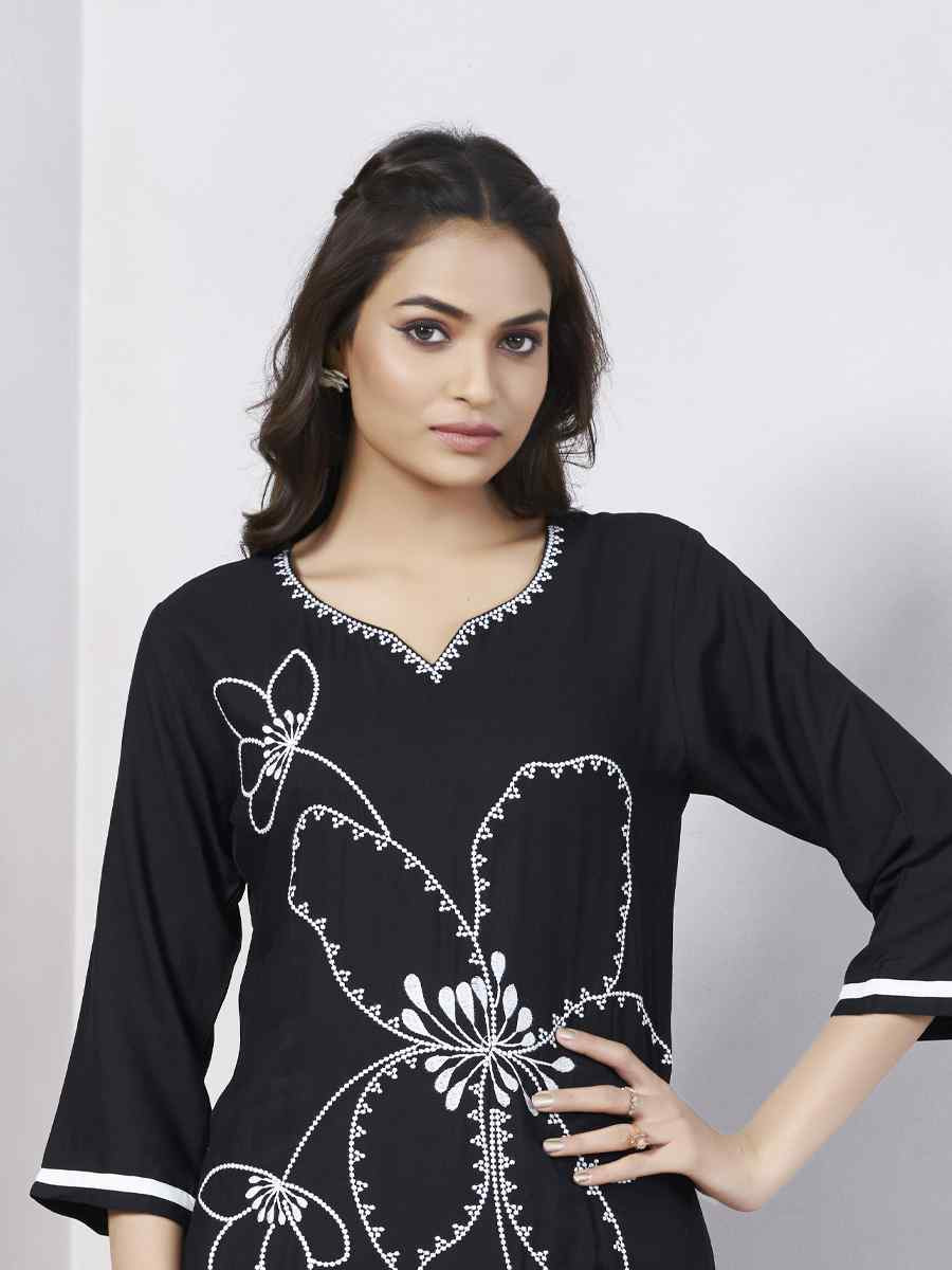 Black Viscose Rayon Embroidered Festival Casual Kurti
