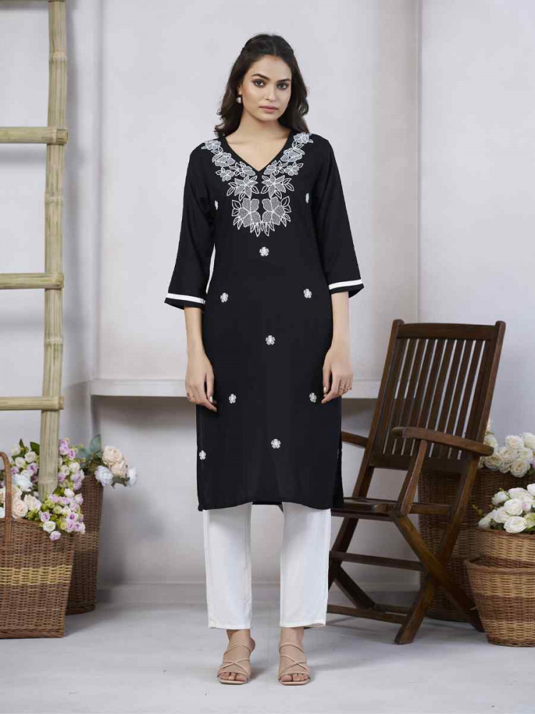 Black Viscose Rayon Embroidered Festival Casual Kurti
