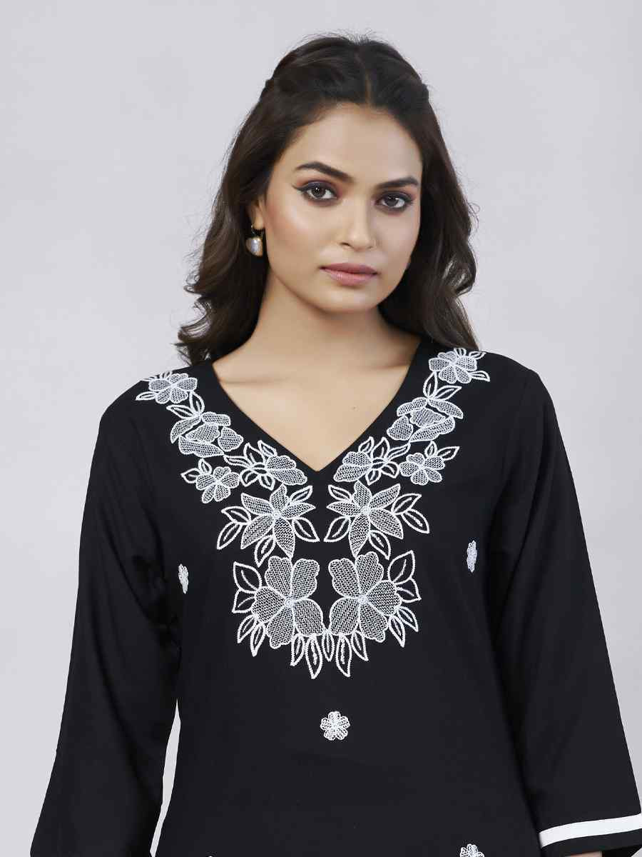 Black Viscose Rayon Embroidered Festival Casual Kurti