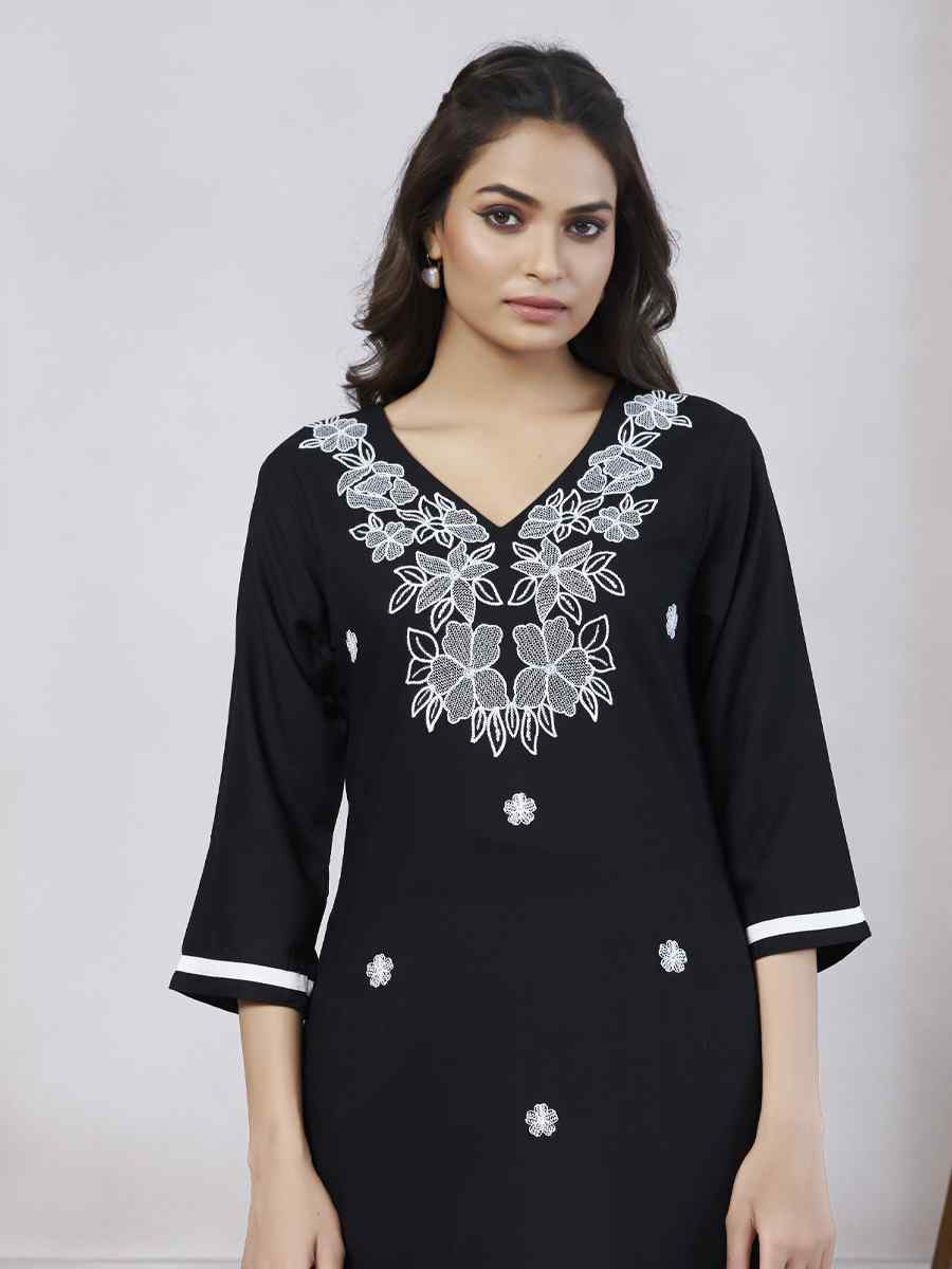 Black Viscose Rayon Embroidered Festival Casual Kurti