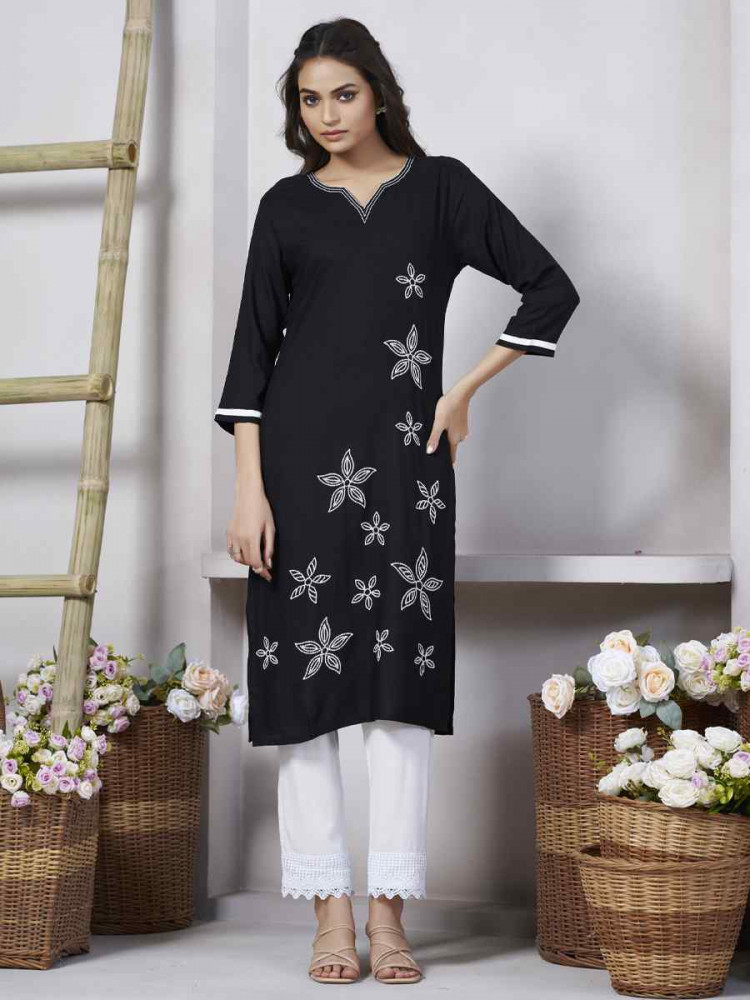 Black Viscose Rayon Embroidered Festival Casual Kurti
