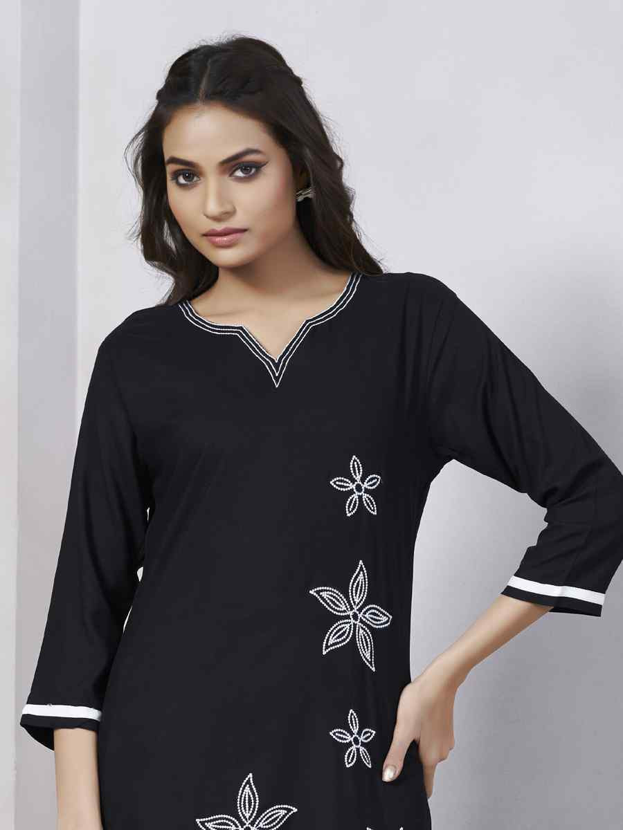 Black Viscose Rayon Embroidered Festival Casual Kurti