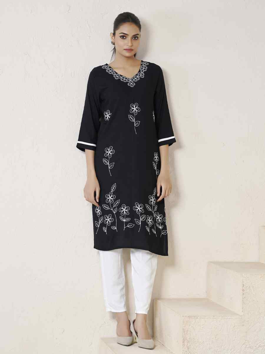 Black Viscose Rayon Embroidered Festival Casual Kurti