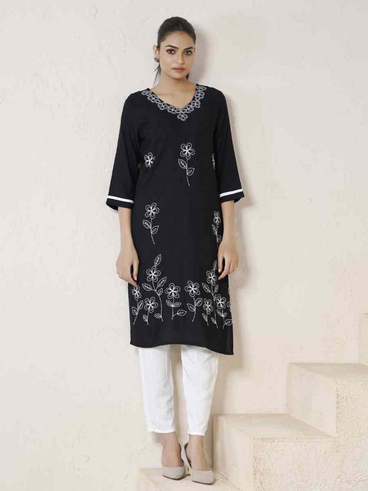 Black Viscose Rayon Embroidered Festival Casual Kurti