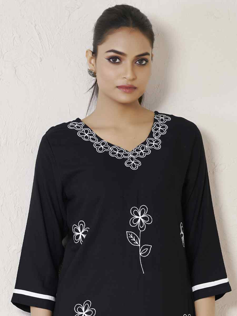 Black Viscose Rayon Embroidered Festival Casual Kurti