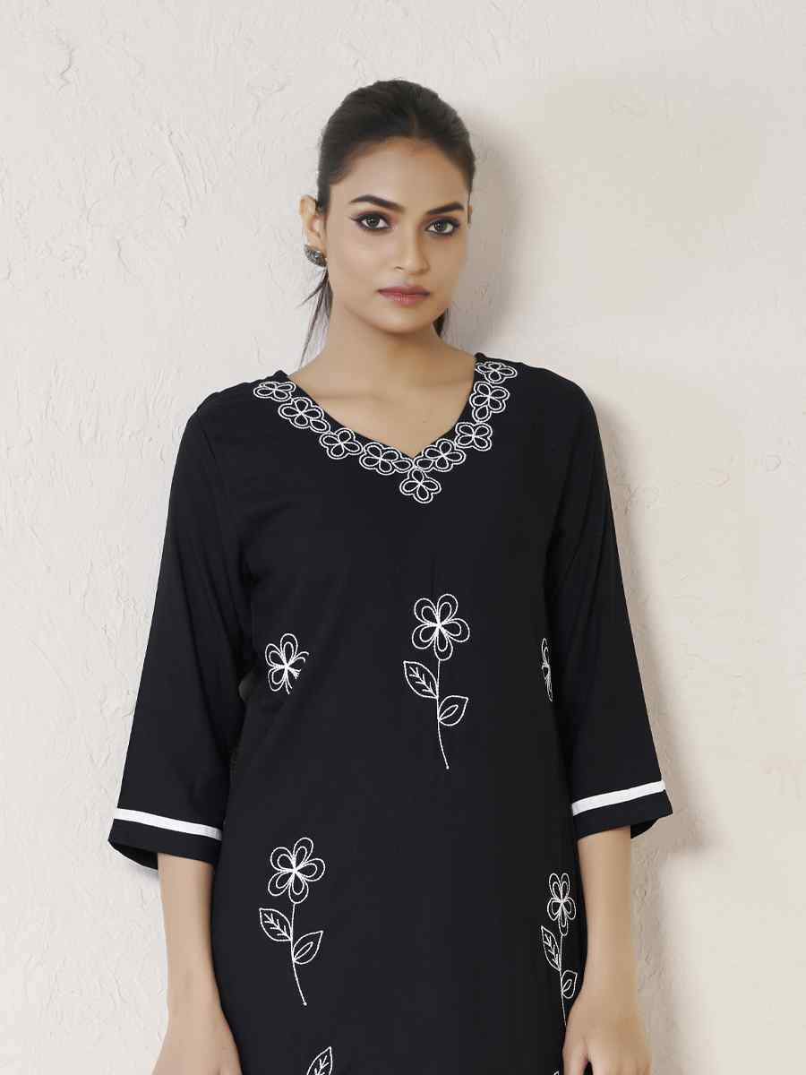 Black Viscose Rayon Embroidered Festival Casual Kurti
