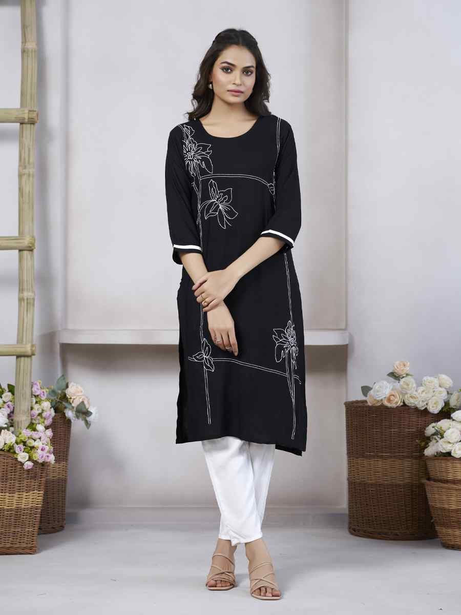 Black Viscose Rayon Embroidered Festival Casual Kurti