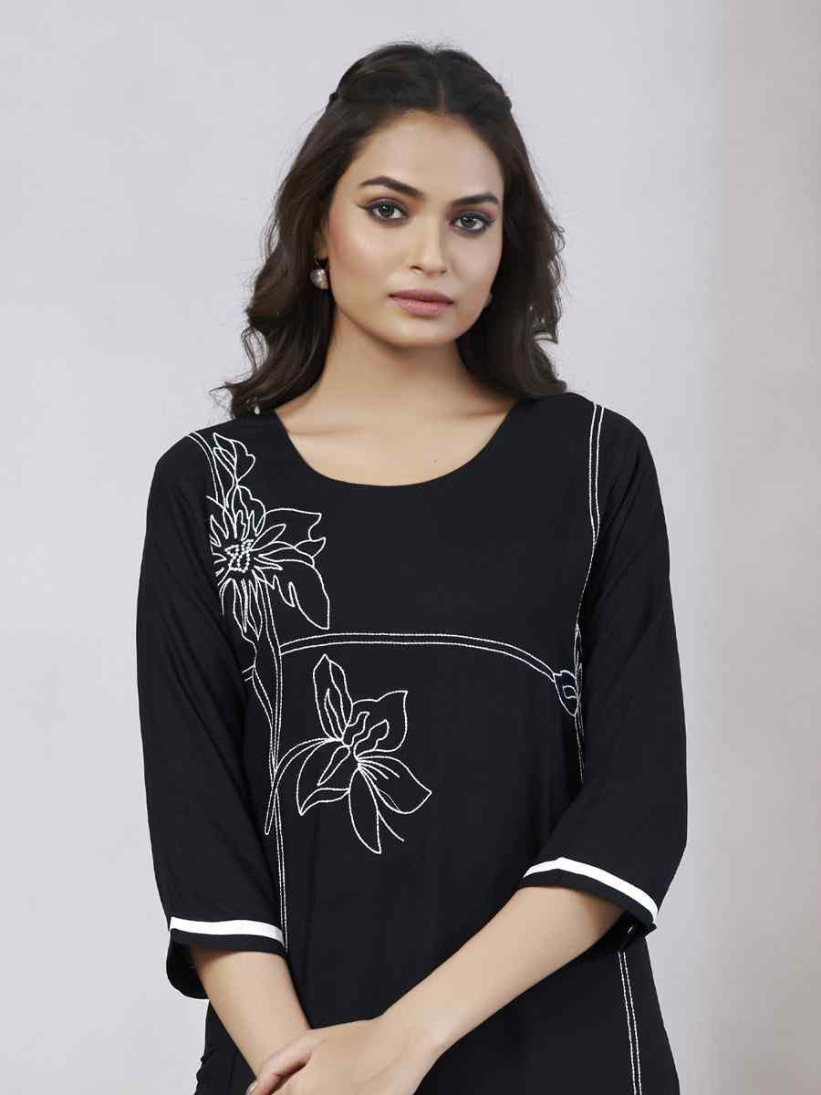 Black Viscose Rayon Embroidered Festival Casual Kurti