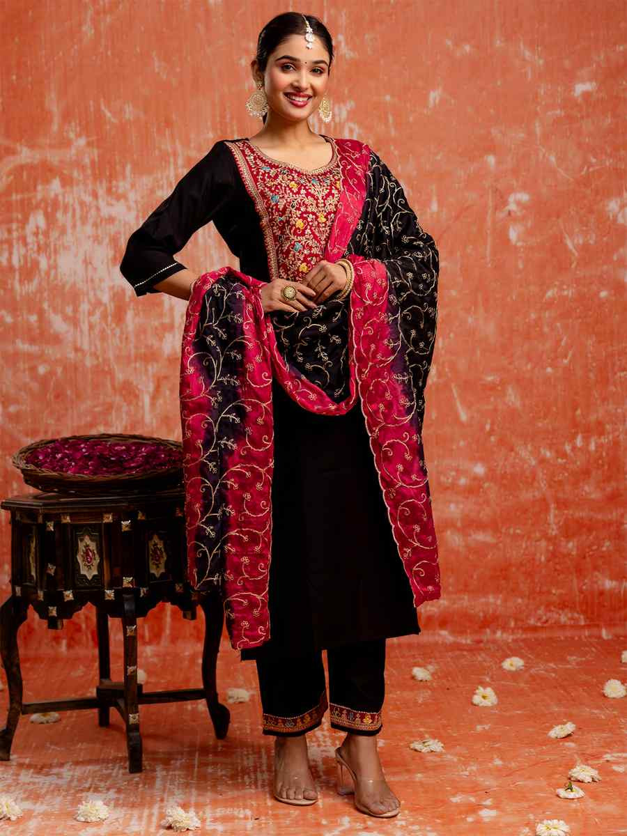 Black Viscose RayonEmbroidered Festival Casual Ready Pant Salwar Kameez