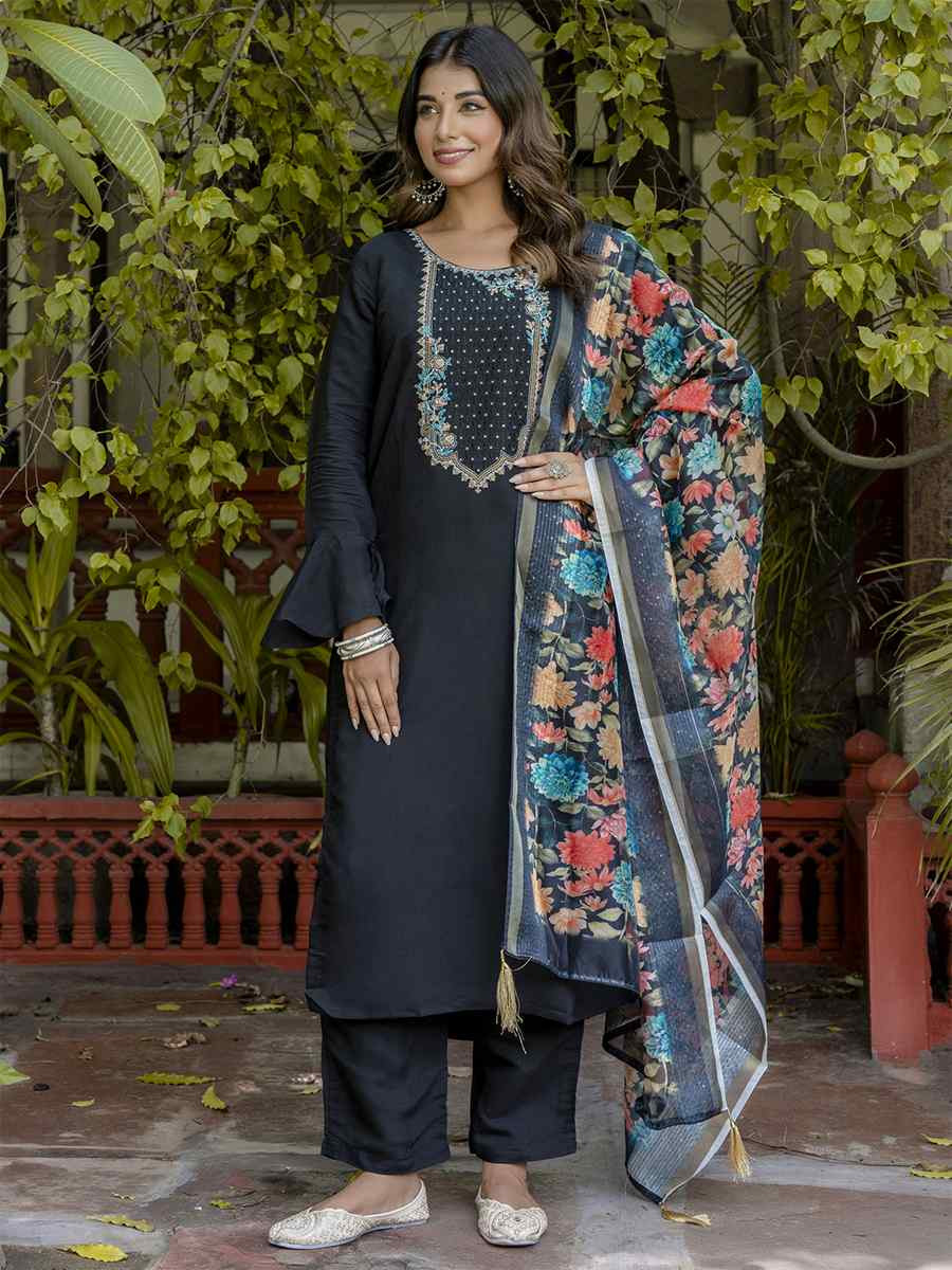 Black Viscose Roman Silk Embroidery Party Wedding Festival Casual Ready Pant Salwar Kameez