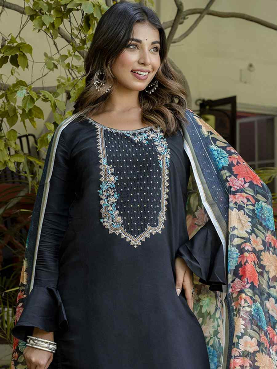 Black Viscose Roman Silk Embroidery Party Wedding Festival Casual Ready Pant Salwar Kameez