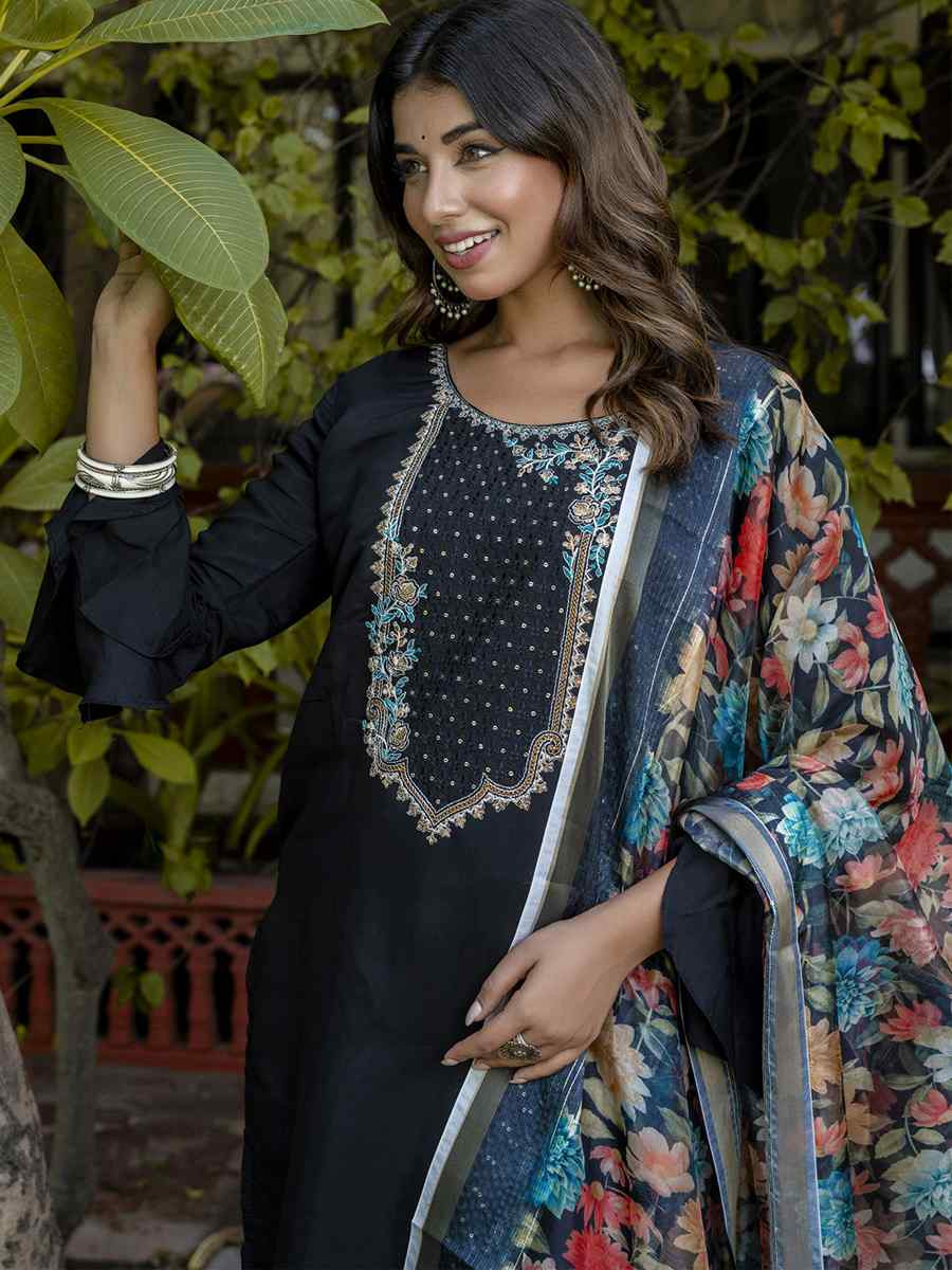 Black Viscose Roman Silk Embroidery Party Wedding Festival Casual Ready Pant Salwar Kameez