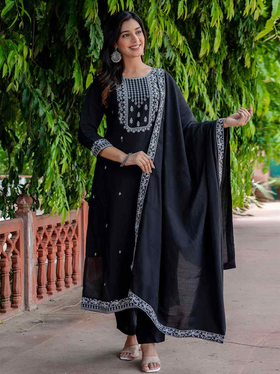 Black Viscose Roman Silk Embroidery Party Wedding Festival Casual Ready Pant Salwar Kameez