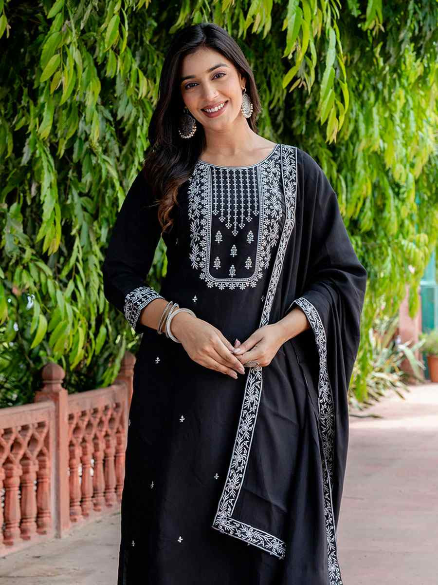Black Viscose Roman Silk Embroidery Party Wedding Festival Casual Ready Pant Salwar Kameez
