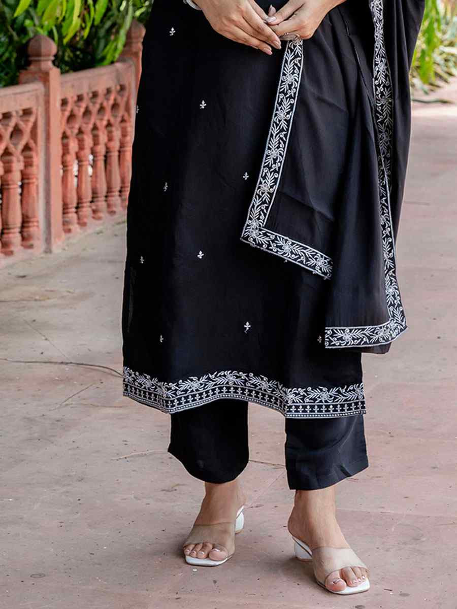 Black Viscose Roman Silk Embroidery Party Wedding Festival Casual Ready Pant Salwar Kameez
