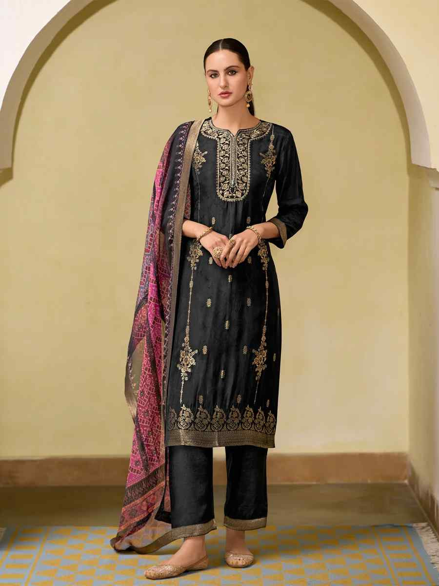 Black Viscose Self Jacquard Embroidered Festival Casual Ready Pant Salwar Kameez