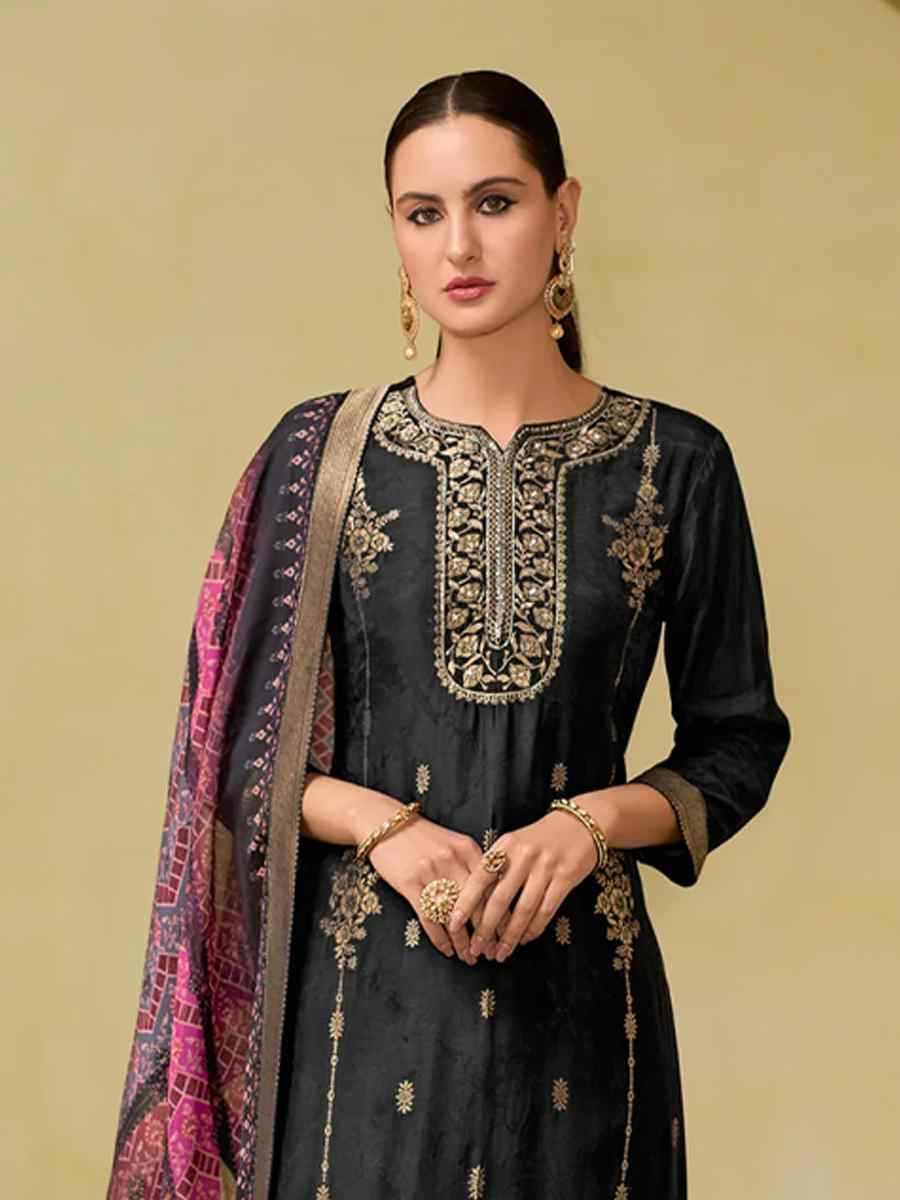 Black Viscose Self Jacquard Embroidered Festival Casual Ready Pant Salwar Kameez