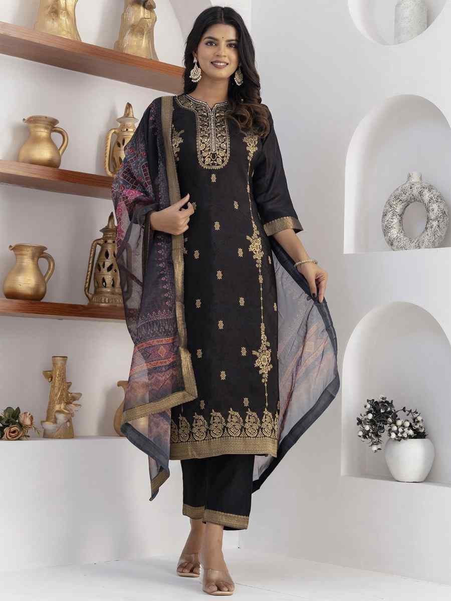 Black Viscose Self Jacquard Embroidery Party Wedding Festival Casual Ready Pant Salwar Kameez