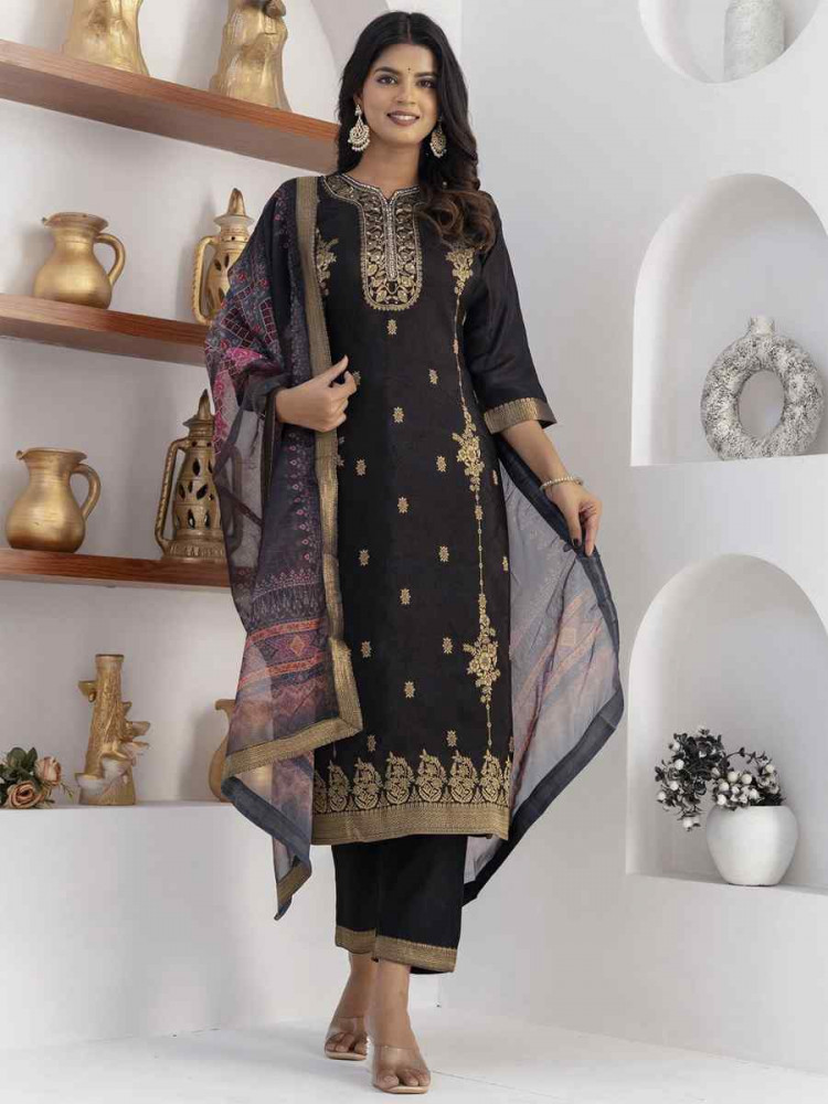 Image of Black Viscose Self Jacquard Embroidery Party Wedding Festival Casual Ready Pant Salwar Kameez