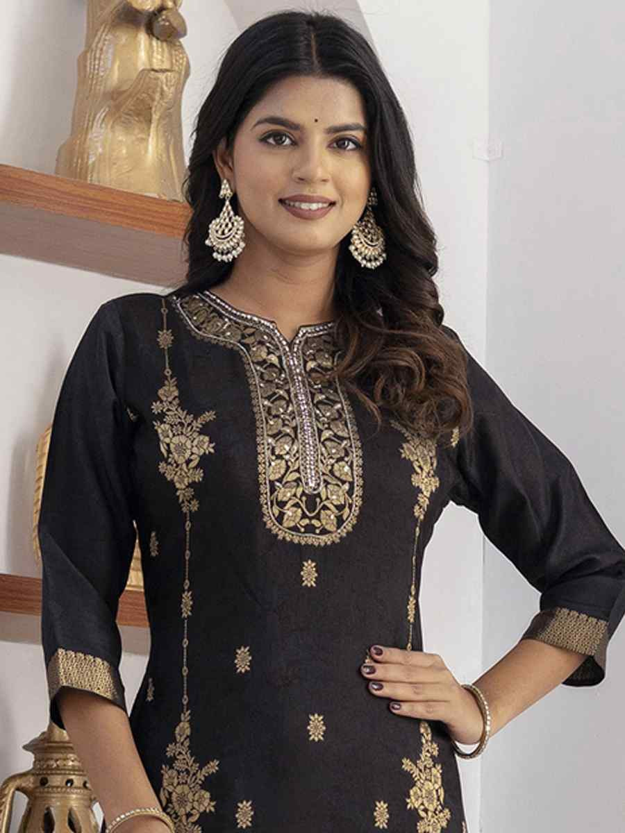 Black Viscose Self Jacquard Embroidery Party Wedding Festival Casual Ready Pant Salwar Kameez