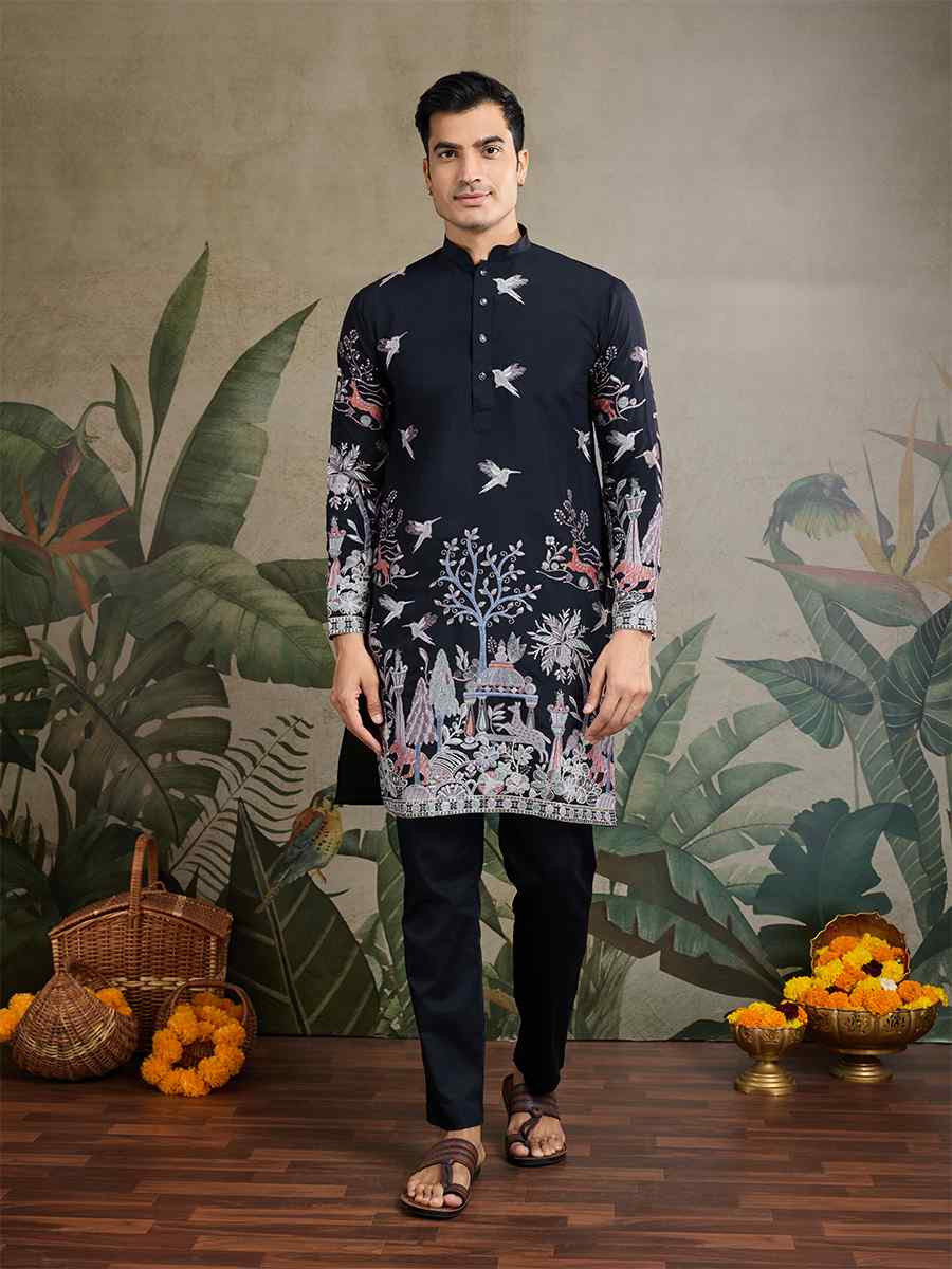 Black Viscose Silk Embroidered Festival Mehendi Kurta