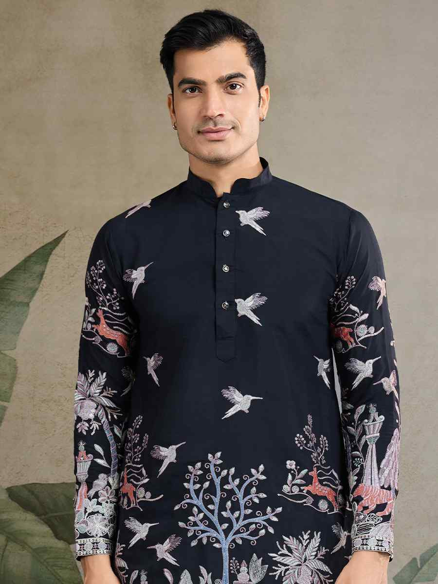 Black Viscose Silk Embroidered Festival Mehendi Kurta
