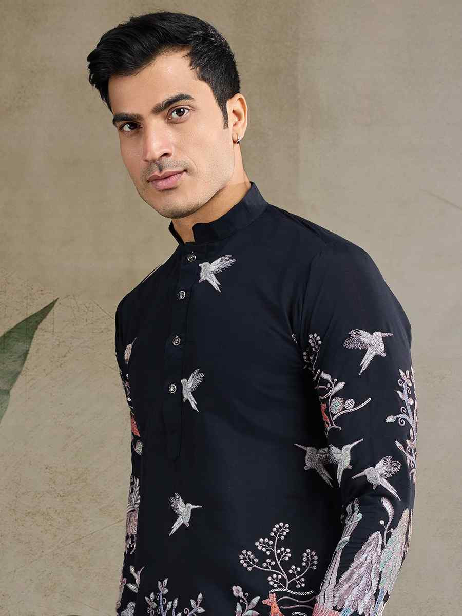 Black Viscose Silk Embroidered Festival Mehendi Kurta